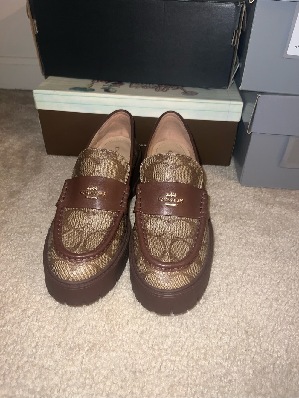 Coach Brown Signature Canvas Platform Penny Loafers